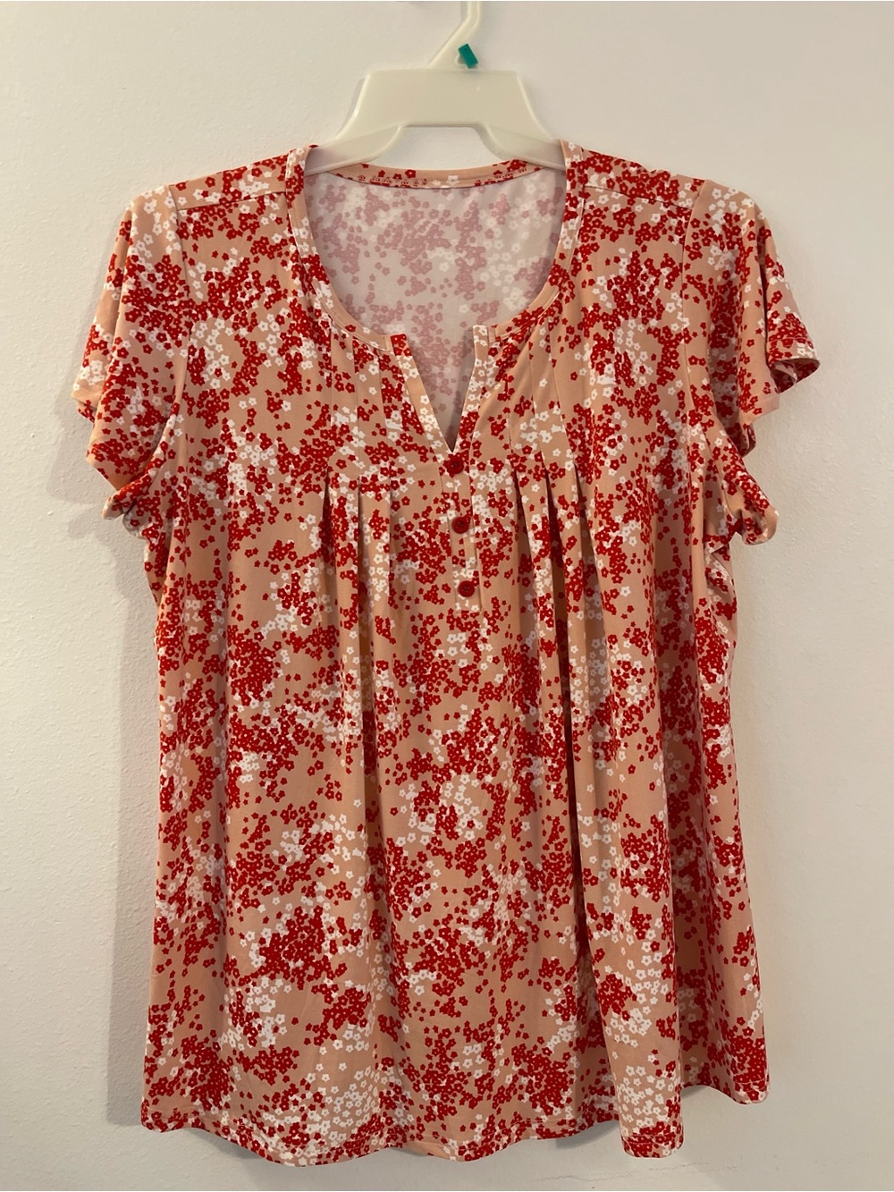 Women’s Short Sleeve Floral Print Top - Red on Beige